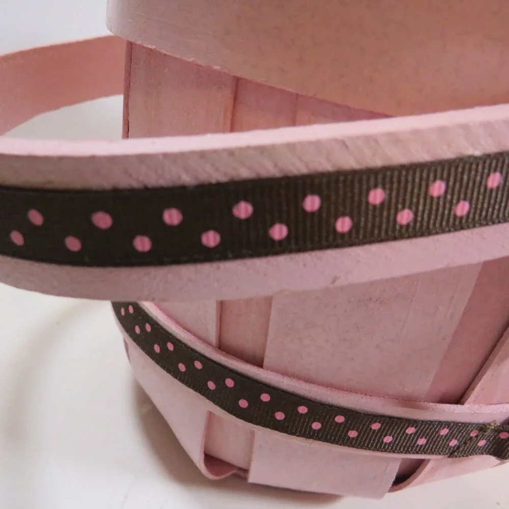 all wood basket pink with brown polka dot ribbon Berry Basket Easter Pastel